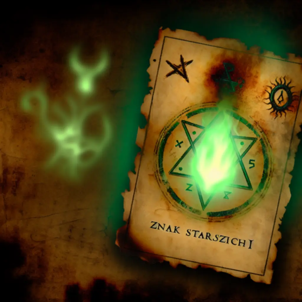 Karta Znak Starszych – wypalony symbol na pergaminie z zieloną poświatą