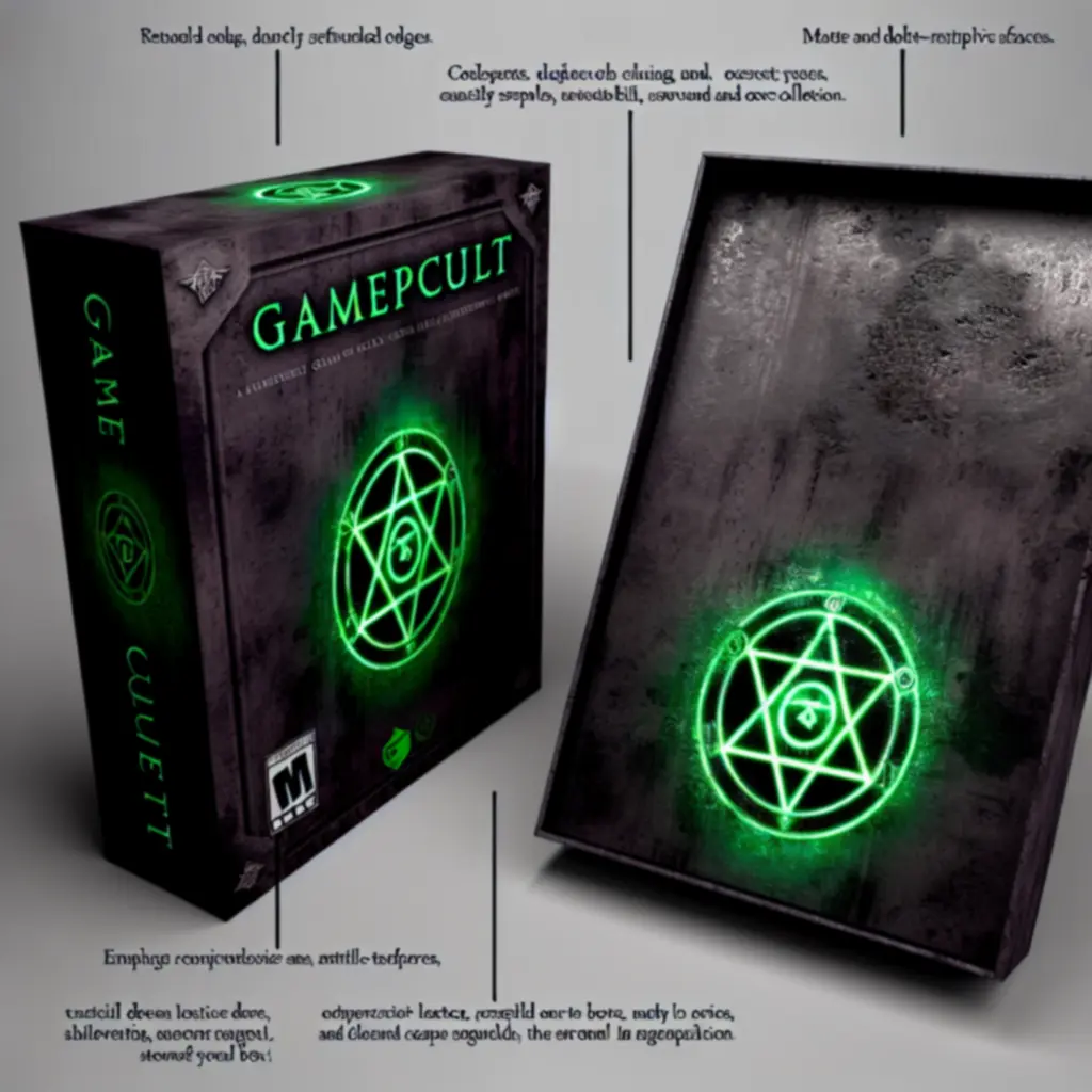 Pudełko GameplCult z grunge'ową fakturą, zieloną poświatą i symbolem na wieku