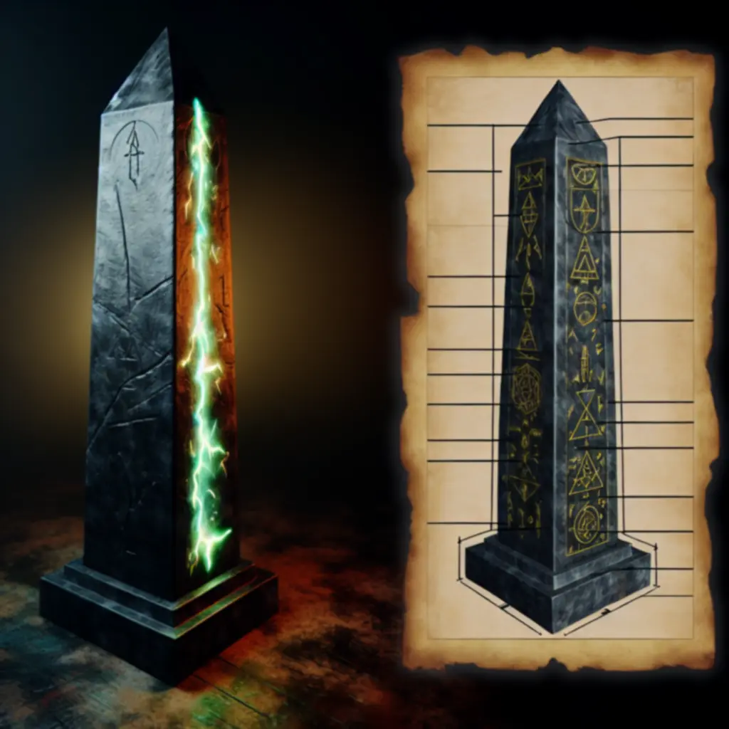 Unikalny obelisk rytualny z runami, odlew żywiczny ze szczelinami światła